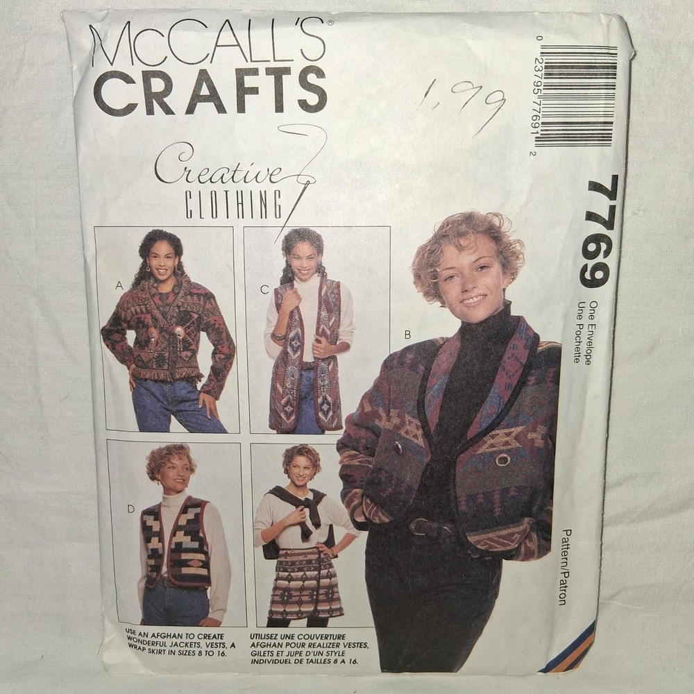 McCalls Crafts Pattern 7769 Afghan Jackets‎ Vests Wrap Skirt Size 8-16 CUT